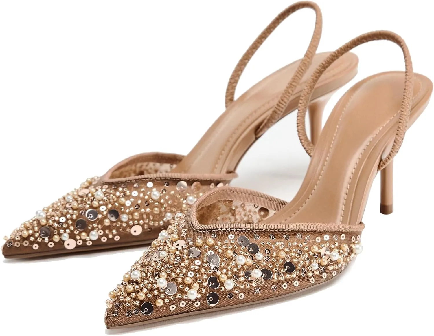 Women's Pearl Kitten Heels Pointed Toe Clear Slingback Pumps Mesh Rhinestone Backless Heeled Sandals Wedding Dressy Party Shoes