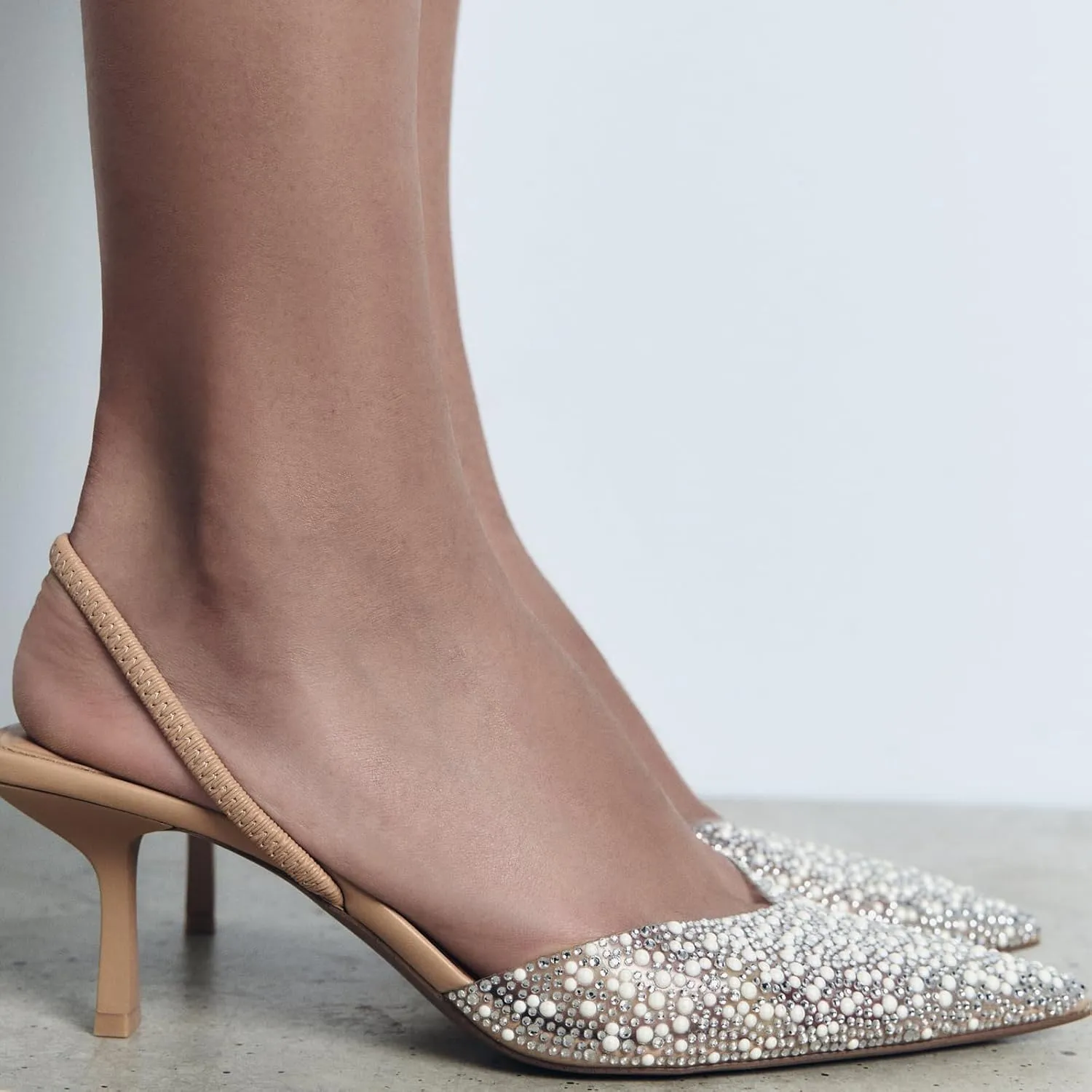 Women's Pearl Kitten Heels Pointed Toe Clear Slingback Pumps Mesh Rhinestone Backless Heeled Sandals Wedding Dressy Party Shoes
