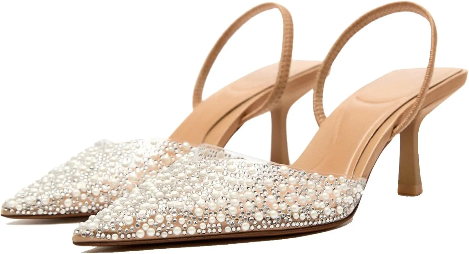 Women's Pearl Kitten Heels Pointed Toe Clear Slingback Pumps Mesh Rhinestone Backless Heeled Sandals Wedding Dressy Party Shoes