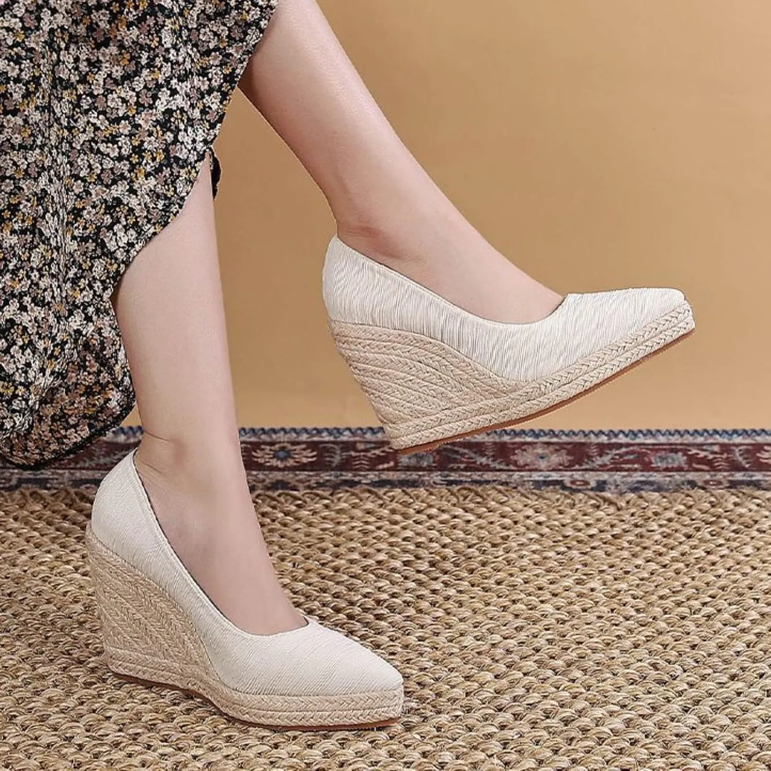 Women's Platform Espadrilles Wedge Sandals Slip On Solid Color Closed Pointed Toe Comfortable Wedge Pumps Shoes Dressy Summer Sandals For Women