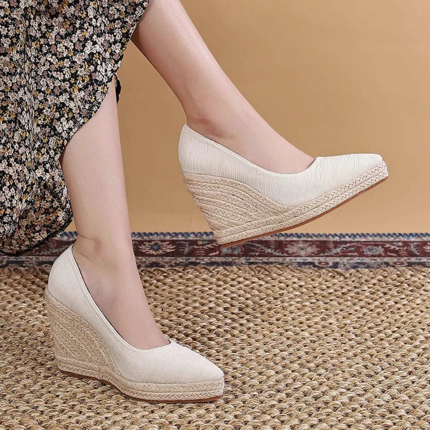 Women's Platform Espadrilles Wedge Sandals Slip On Solid Color Closed Pointed Toe Comfortable Wedge Pumps Shoes Dressy Summer Sandals For Women