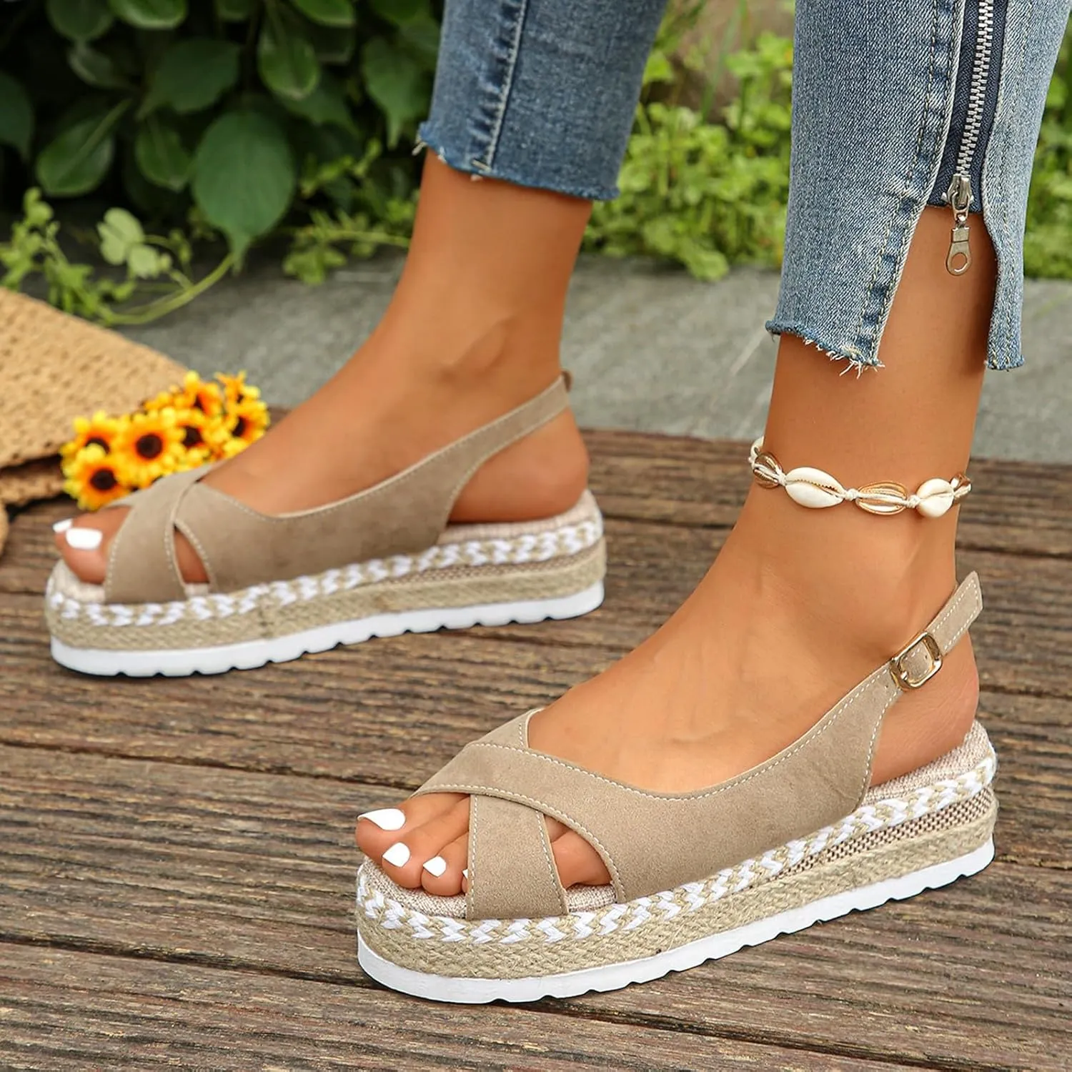 Women's Platform Sandals Open Toe Ankle Strap Espadrille Wedges Shoes Summer Casual Comfortable Beach Shoes