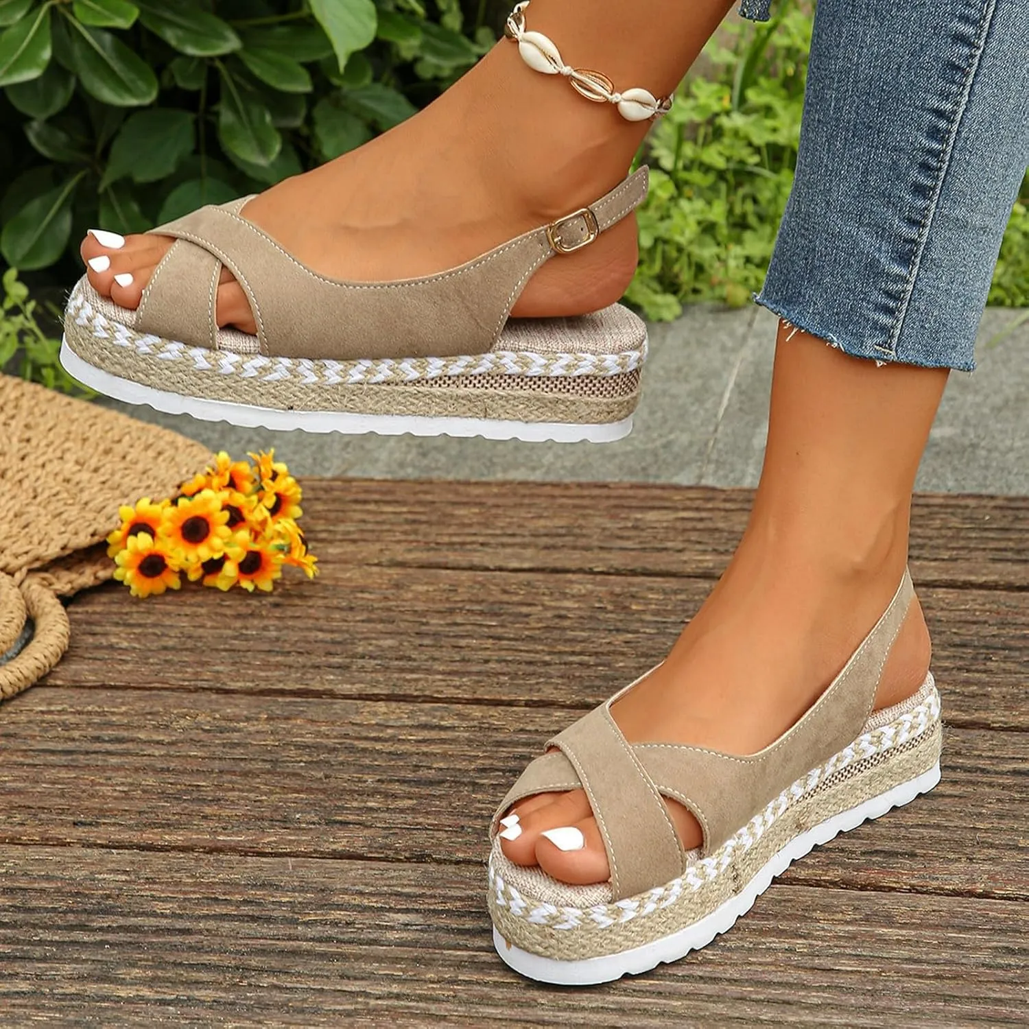 Women's Platform Sandals Open Toe Ankle Strap Espadrille Wedges Shoes Summer Casual Comfortable Beach Shoes