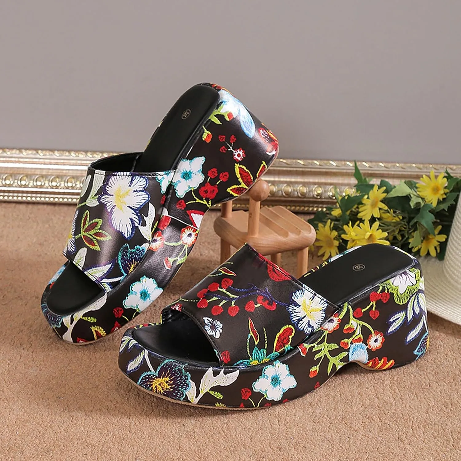 Womens Platform Wedge Sandals Flip Flops with Arch Support Open Toe Slip On Mule High Heels Non Slip Leisure Sandal