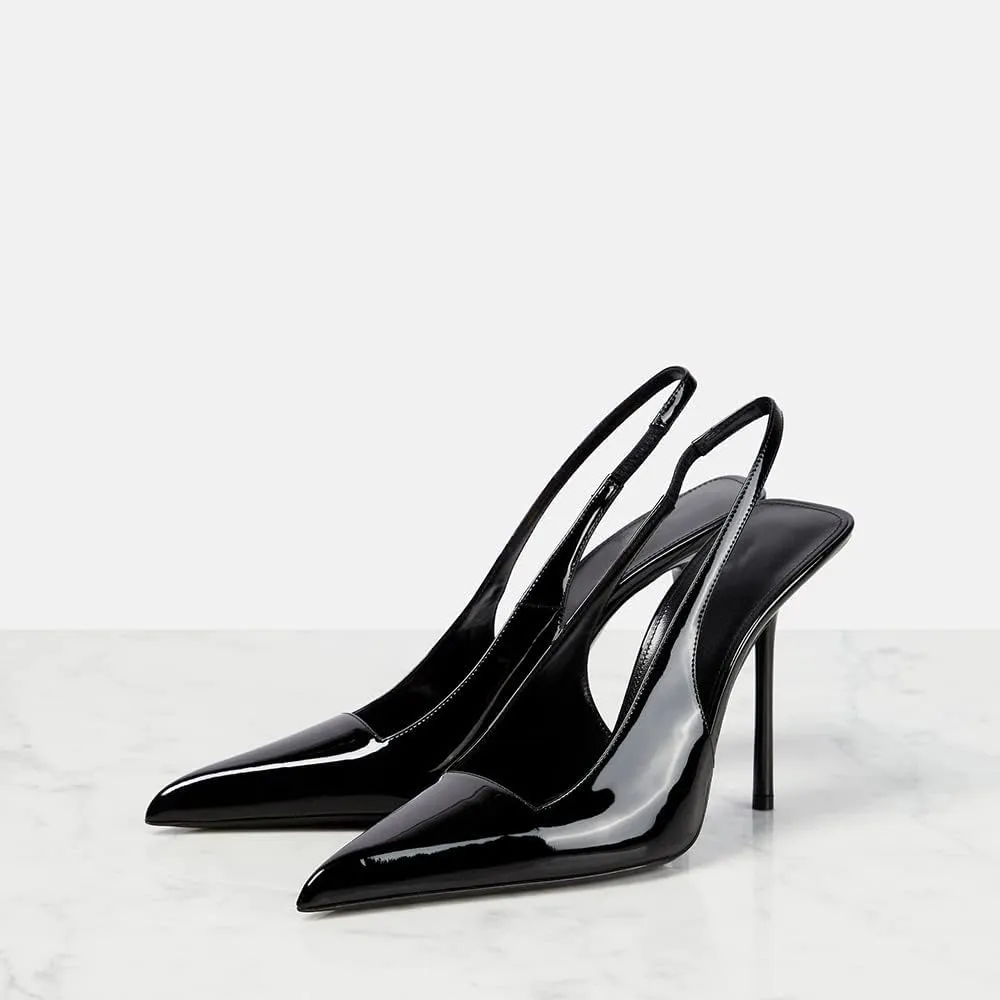 Women's Pointed Toe Sexy High Heels Patent Leather Slingback Pumps Backless 105mm Stiletto Sandals Party Dress Heeled Shoes