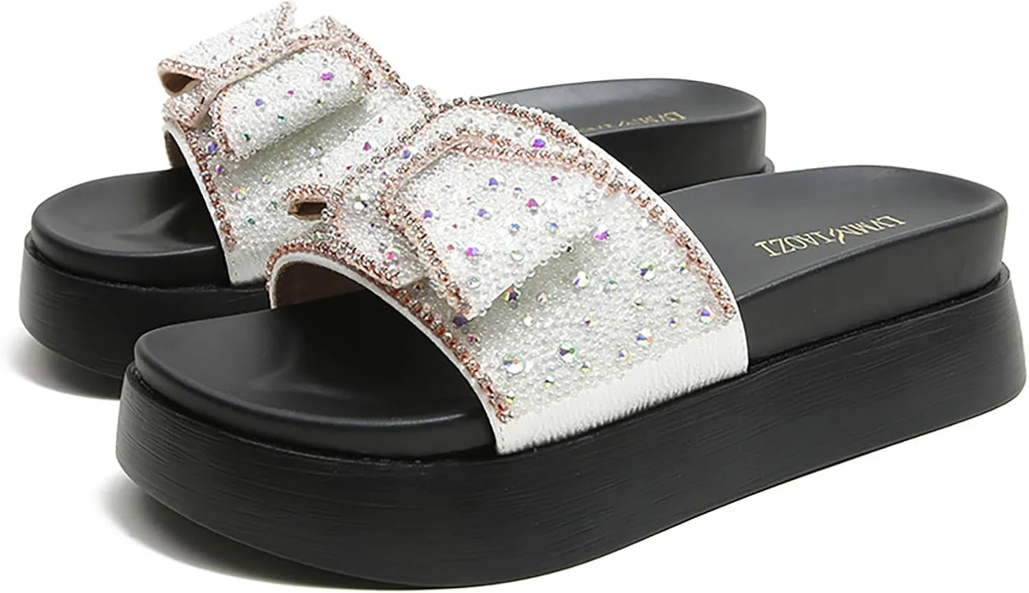 Women's Rhinestone Bow Platform Cloud Slides Sandals Soft Memory Foam Padded Chunky Platform Fashion Comfy Slippers Non-Slip Round Head Slip On Summer Beach Slides