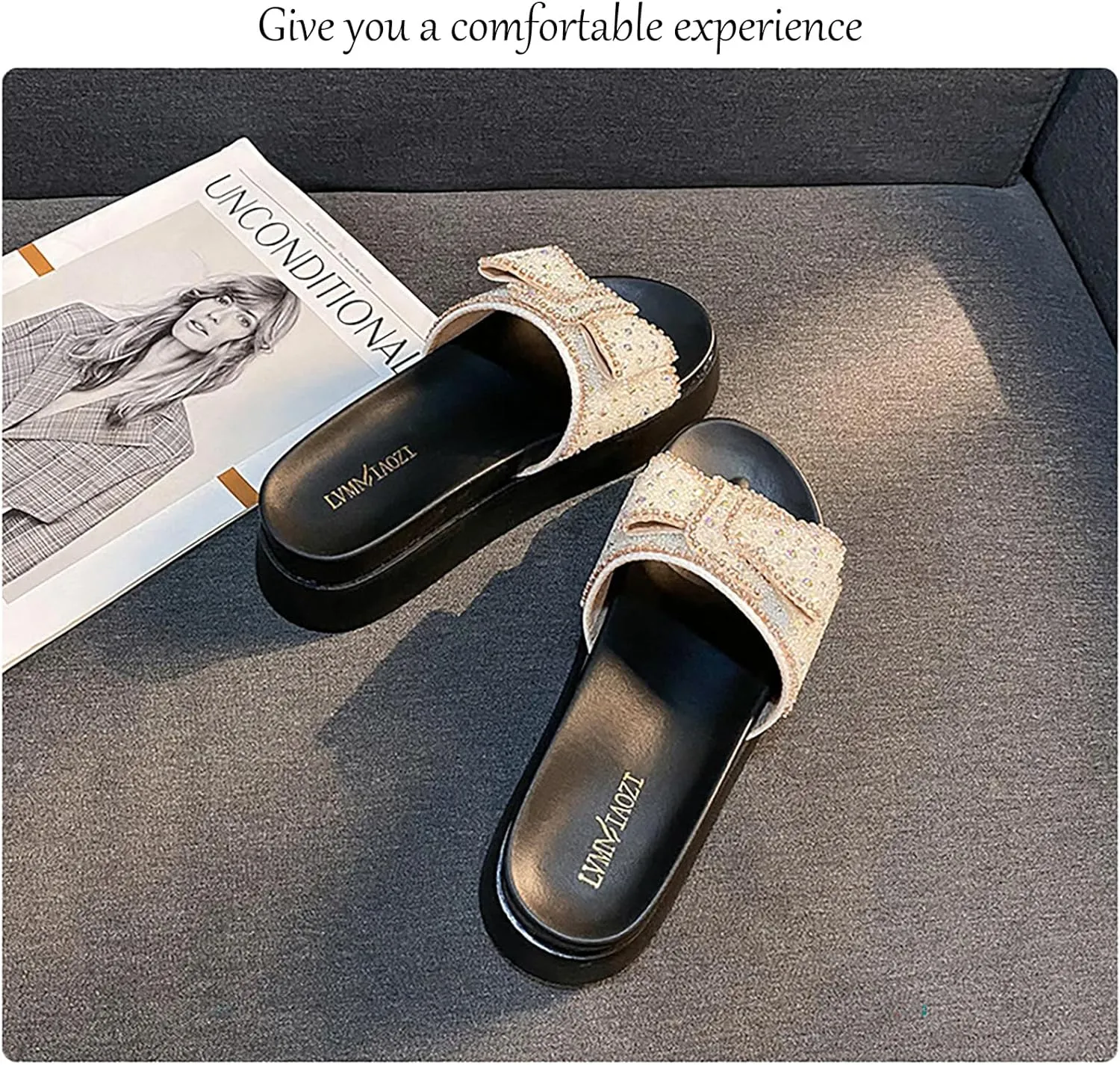 Women's Rhinestone Bow Platform Cloud Slides Sandals Soft Memory Foam Padded Chunky Platform Fashion Comfy Slippers Non-Slip Round Head Slip On Summer Beach Slides