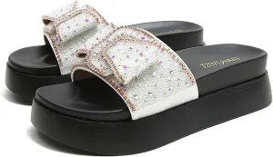 Women's Rhinestone Bow Platform Cloud Slides Sandals Soft Memory Foam Padded Chunky Platform Fashion Comfy Slippers Non-Slip Round Head Slip On Summer Beach Slides