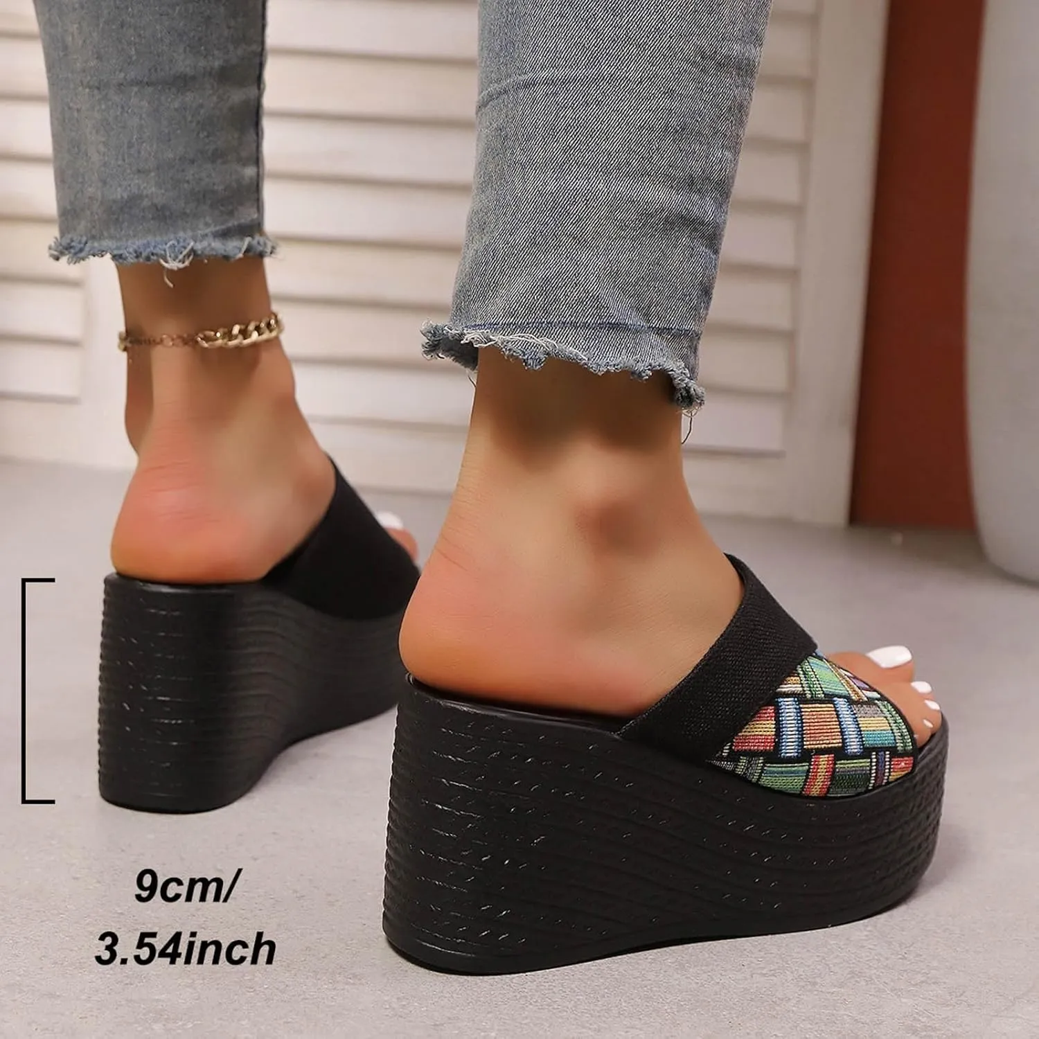 Women's Sandals Wide Width Slip On Open Toe Platform Wedges Shoes Fashion Denim Strappy Espadrille Shoes