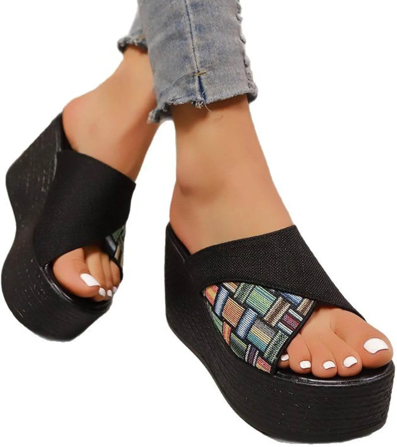 Women's Sandals Wide Width Slip On Open Toe Platform Wedges Shoes Fashion Denim Strappy Espadrille Shoes