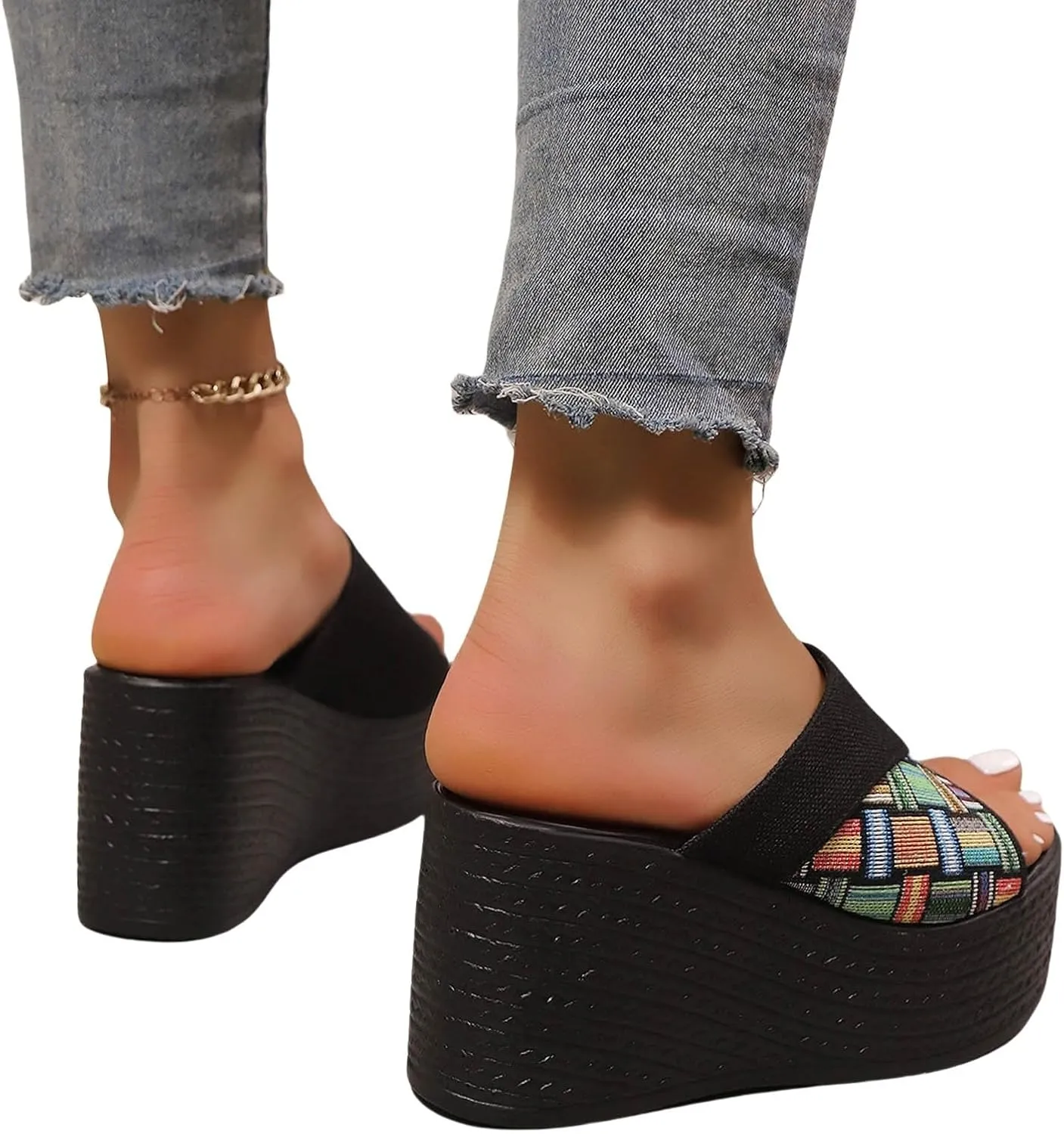 Women's Sandals Wide Width Slip On Open Toe Platform Wedges Shoes Fashion Denim Strappy Espadrille Shoes