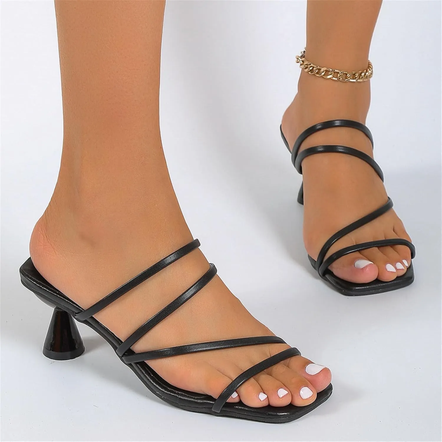Women's Square Open Toe Strappy High Heels Sandals Two Strap Heels Sandals Flat Closed Toe Sandals for Women