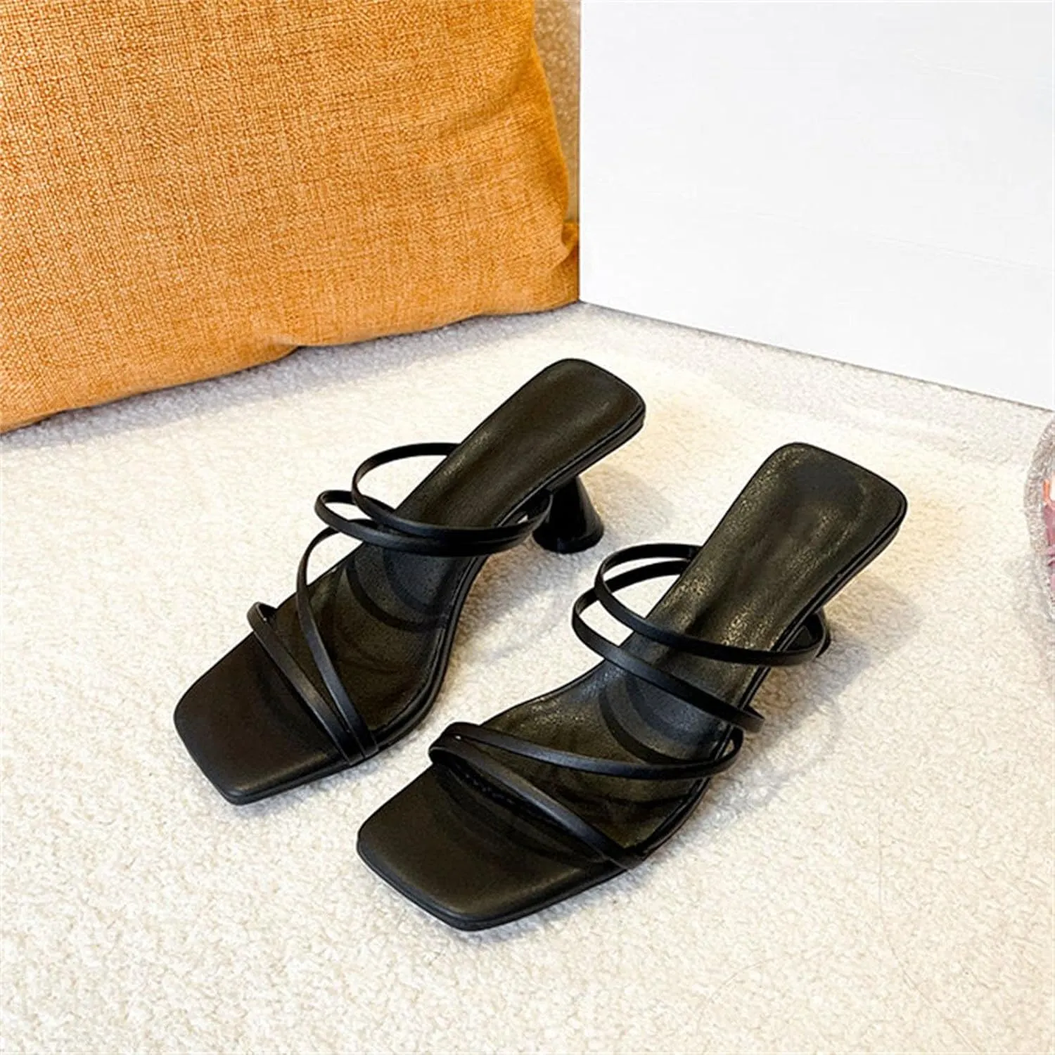 Women's Square Open Toe Strappy High Heels Sandals Two Strap Heels Sandals Flat Closed Toe Sandals for Women
