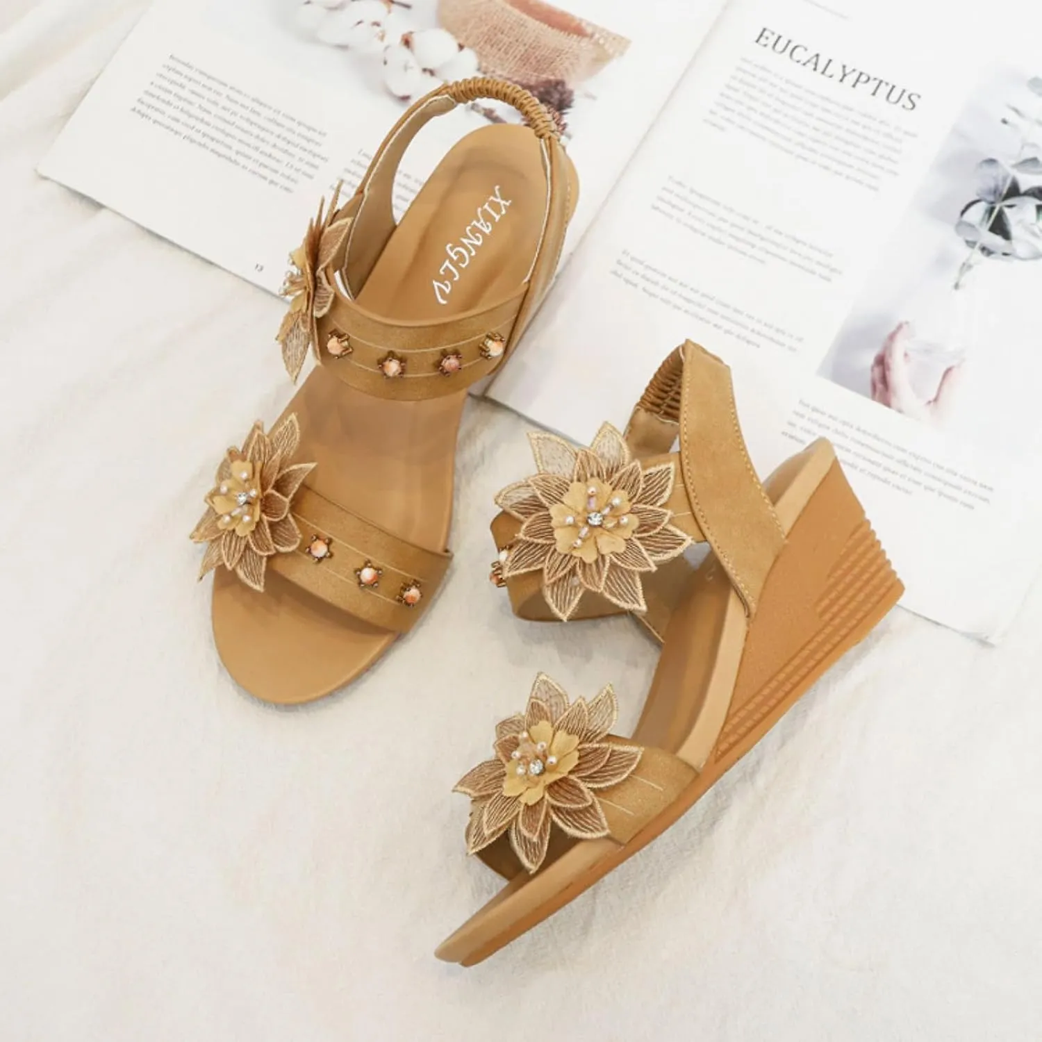 Womens Wedge Sandals Elastic Ankle Straps Open Toe Elegant Thick Soles Comfortable Platform Strap Casual Dressy Low Bohemian Flower Wedges Shoes Summer Low Heels