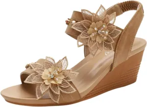 Womens Wedge Sandals Elastic Ankle Straps Open Toe Elegant Thick Soles Comfortable Platform Strap Casual Dressy Low Bohemian Flower Wedges Shoes Summer Low Heels