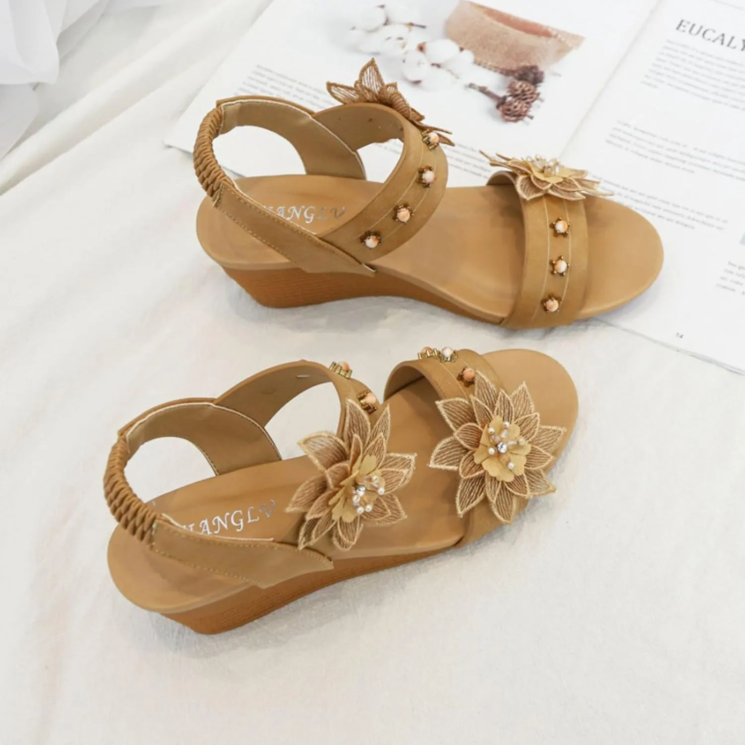 Womens Wedge Sandals Elastic Ankle Straps Open Toe Elegant Thick Soles Comfortable Platform Strap Casual Dressy Low Bohemian Flower Wedges Shoes Summer Low Heels