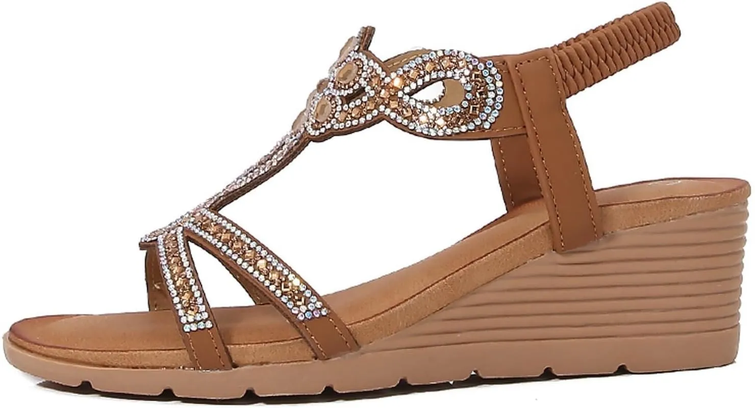 Women's Wedge Sandals Summer Comfortable Casual Bohemian Beach Rhinestone Platform Shoes Bohemia Open Toe Roman Heel Dressy Low Sparkly Fashion Dress Lady Bridal Dance T-Strap Beaded Flat Sandal