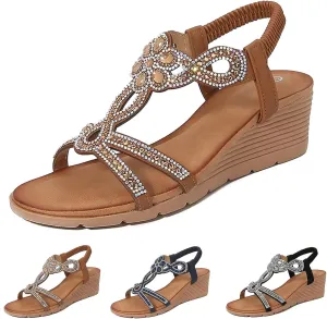 Women's Wedge Sandals Summer Comfortable Casual Bohemian Beach Rhinestone Platform Shoes Bohemia Open Toe Roman Heel Dressy Low Sparkly Fashion Dress Lady Bridal Dance T-Strap Beaded Flat Sandal
