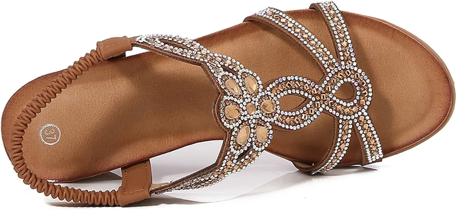 Women's Wedge Sandals Summer Comfortable Casual Bohemian Beach Rhinestone Platform Shoes Bohemia Open Toe Roman Heel Dressy Low Sparkly Fashion Dress Lady Bridal Dance T-Strap Beaded Flat Sandal