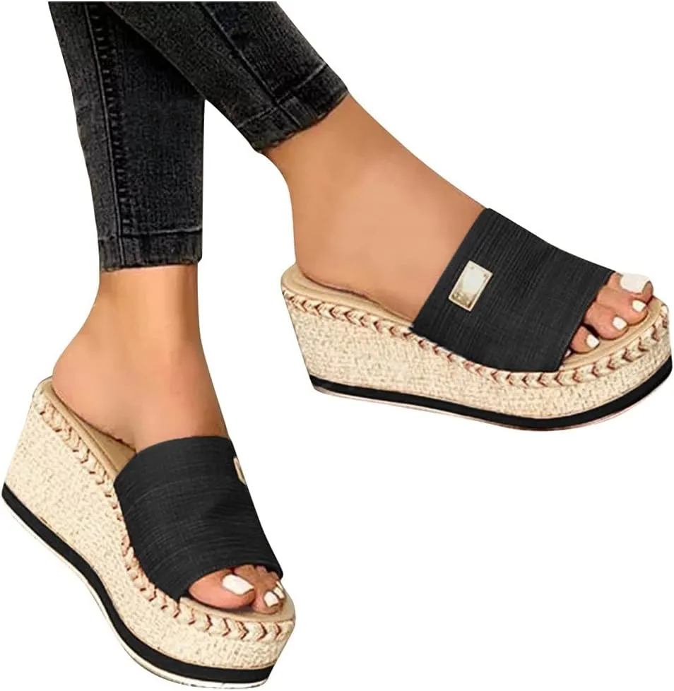 Womenyiaor Platform Sandals Women Wedges Sandals Slip on Wedge Sandals Platform Slides Platform Espadrilles Sandals Casual Open Toe Sandals (A-Black, 8.5)
