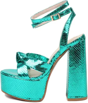 YIYA Women's Metallic Platform Chunky Heeled Sandals Open Round Toe Strappy Heels Ankle Strap Wedding Party Dress Shoes