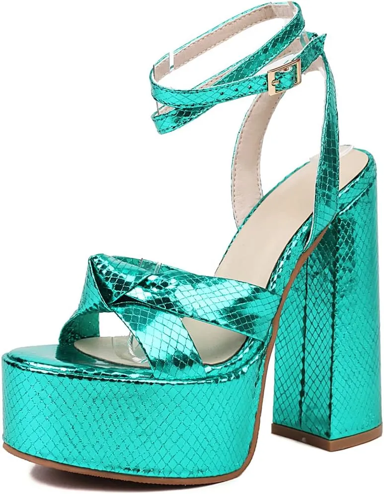 YIYA Women's Metallic Platform Chunky Heeled Sandals Open Round Toe Strappy Heels Ankle Strap Wedding Party Dress Shoes
