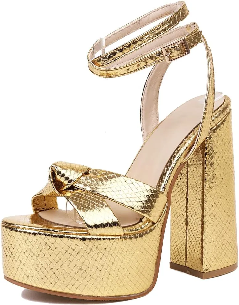 YIYA Women's Metallic Platform Chunky Heeled Sandals Open Round Toe Strappy Heels Ankle Strap Wedding Party Dress Shoes